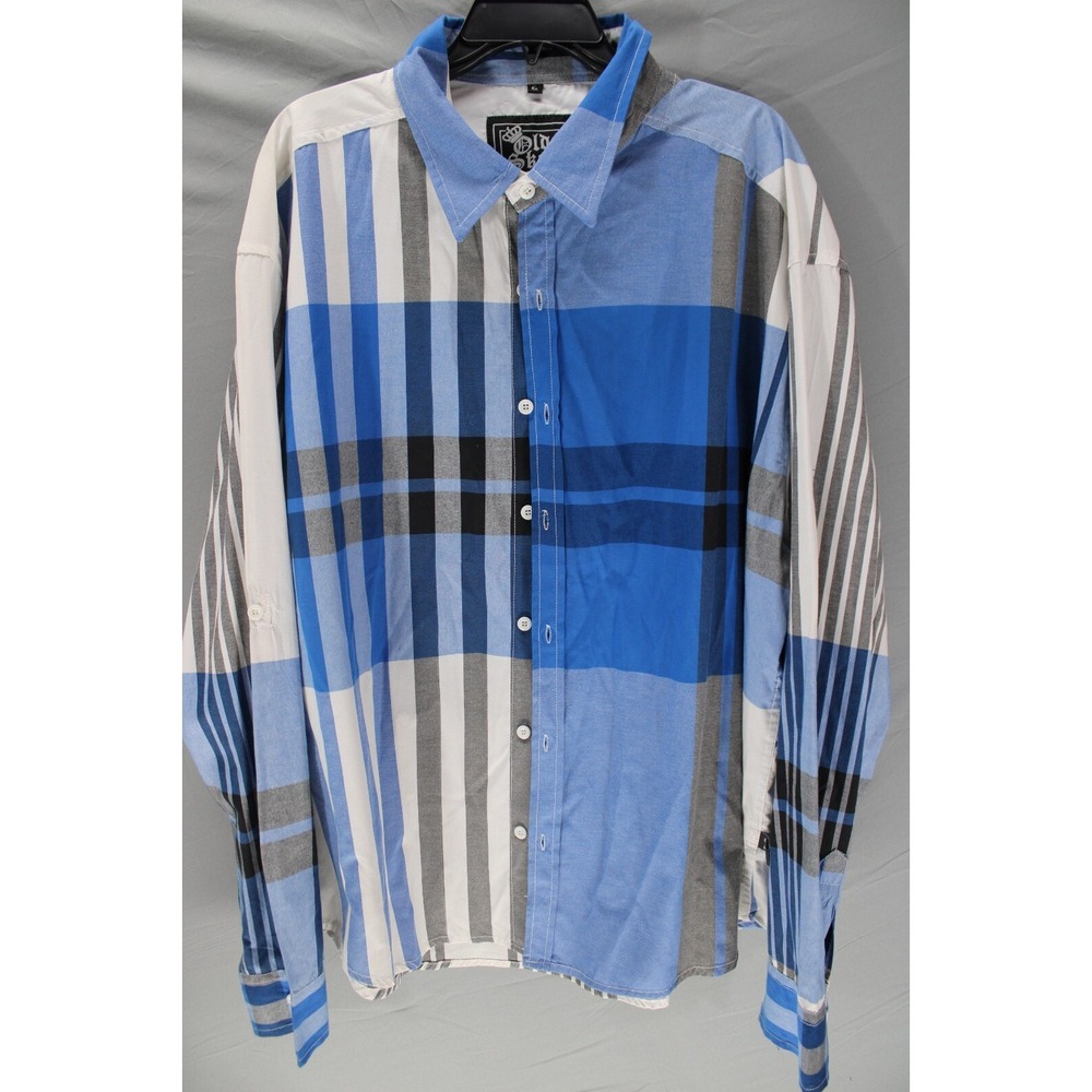 Old Skool Button Up Long Sleeve Shirt Cotton Polyester Blend Blue White Size 4XL